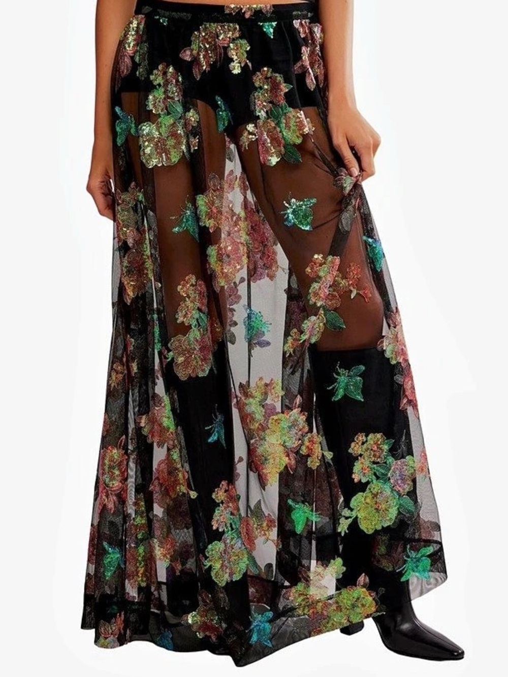 Free People Fioritura Maxi Skirt in black, featuring a sheer mesh fabric covered